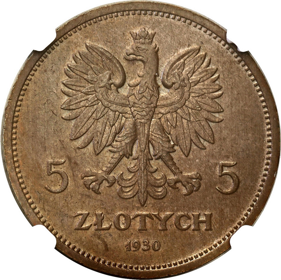 PRÓBA brąz 5 złotych 1930 Sztandar NGC MS63 BN (MAX)